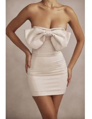 HOUSE OF CB Ariella Satin Crystal Embellished Bow Dress in Ivory Size Small thumbnail 1
