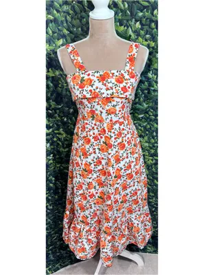 Boutique Floral Garden Party Midi Dress Tie Back Ruffle Hem Cotton Size Medium thumbnail 4