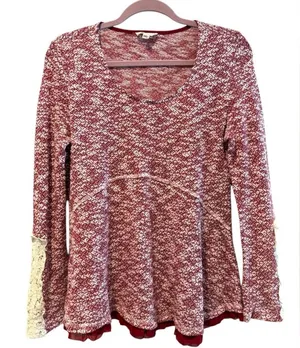 Entro Womens Red Marl Knit Babydoll Top Crochet Lace Cuff Mesh Hem Size‎ L T5735 thumbnail 1