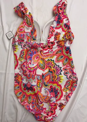 Slimming Silhouette‎ Paisley One Piece Swimsuit Ruffle Strap Multi Color V-Neck thumbnail 1