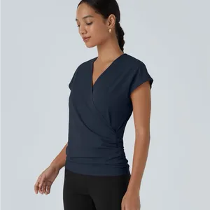 Halara H22.- V Neck Cap Sleeve Crossover Ruched Solid Work Blouse. Size large thumbnail 3