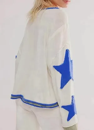 Amazon Women's White Knit Pullover Sweater Crew Neck Blue Star Sleeves L thumbnail 2