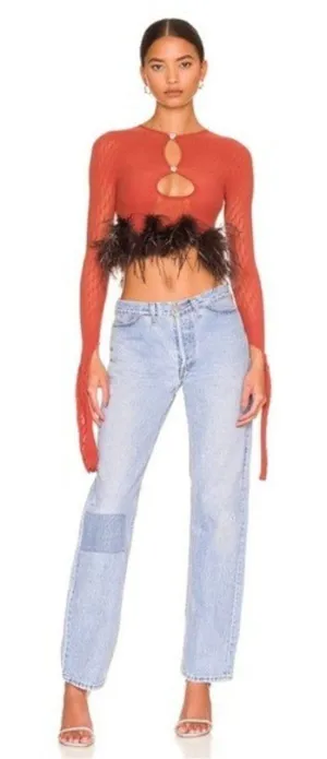Poster Girl Mira Cutout Top OS Burnt Henna Chocolate Brown Ostrich Feathers Crop thumbnail 1
