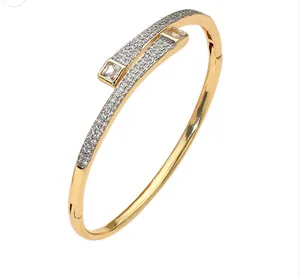 Stainless Steel Square Stone Tip Rhinestone Pave Hinged Bangle Bracelet Gold thumbnail 4