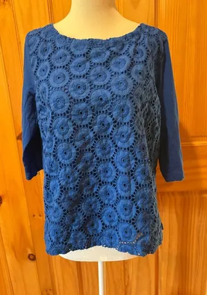 J. Crew Royal Blue 3/4 sleeve cotton eyelet top women’s L thumbnail 1
