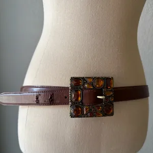 Vintage Jeweled Buckle Leather Belt Women's Medium Brown Elegant Style thumbnail 3