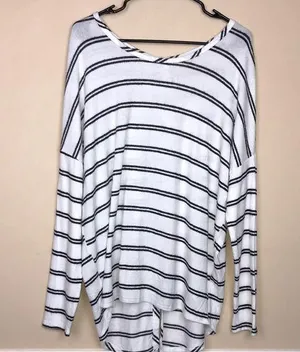 BKE Women’s Striped Fleece White Black Lightweight Buttons Back Sweater thumbnail 1
