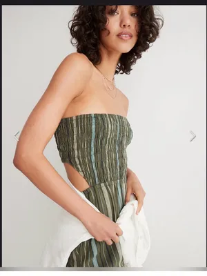 Aerie Strapless Smocked Linen Blend Green Jumpsuit size Small thumbnail 3