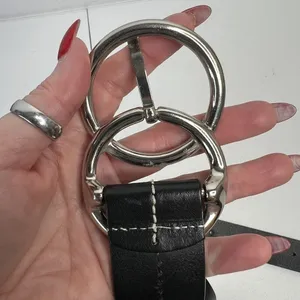 Olga Santini Women's Size L Leather Belt Black DOUBLE‎ OO Buckle Silver Toned thumbnail 4