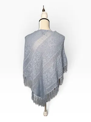 Bette Sung Crochet Knit Poncho Size OS Light Blue Geometric Fringe thumbnail 2