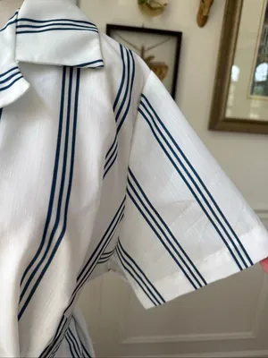 Vintage 70s British Lady House Dress White Blue Stripe 22 2X 3X thumbnail 7