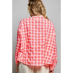 POL Gingham Embroidered Palm Tree Blouse - Pink - Medium thumbnail 3