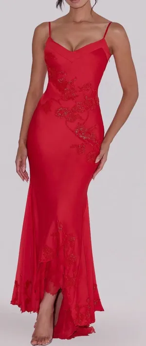 NEW House of CB Anastelle Bead Embellished Satin Mermaid red Gown Sz XS thumbnail 1