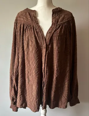 Free People Brown Button Up Dramatic Blouse Boho Oversized Size Large thumbnail 1