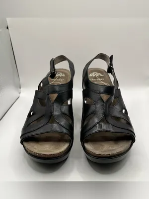 Dansko Felicia black leather wedge sandals, stylish strappy cut-out upper 39 thumbnail 3