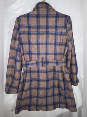 Rouge Par Womens Plaid Wool Blend Coat Sz Medium Blue Brown Buttons Belted Lined thumbnail 2