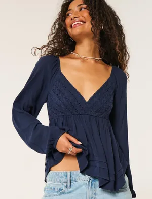 Hollister Easy Lace Bust Babydoll Long Sleeve Top XS Navy thumbnail 1