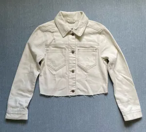 Hollister Cream Crop Denim Trucker Jacket Distressed Raw Hem Size S thumbnail 1