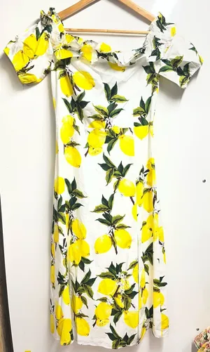 NEW Sugar Lips Lemon print Off Shoulder maxi midi Dress size small 100% cotton thumbnail 1