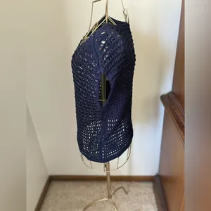 NWT Kiind Of Charlotte Metallic Crochet Knit Tank Top Navy Cotton Small thumbnail 7