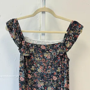 LOFT Floral Ruffle Strap Square Neck Mini Dress Black Multicolor Small Boho Soft thumbnail 5