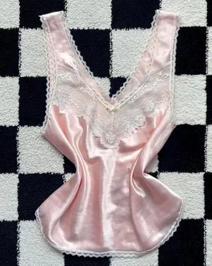 Vintage 80s Pink Satin and Lace Tank thumbnail 1