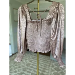 She‎ & Sky Smocked Crop Top Puff Sleeve Cheetah Print Metallic Date Night Summer thumbnail 3