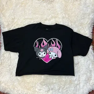 Bioworlds Anime Cartoon Kuromi By Sanrio Flaming Heart Graphic Crop Tee thumbnail 1