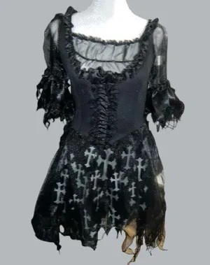 Gothic Black torn shredded look Dress with White Cross Pattern Size L thumbnail 1