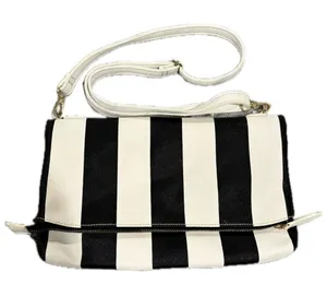 Black and White Pinstriped Purse. Fold Over with Zipper Pocket. 3 Pockets inside thumbnail 1