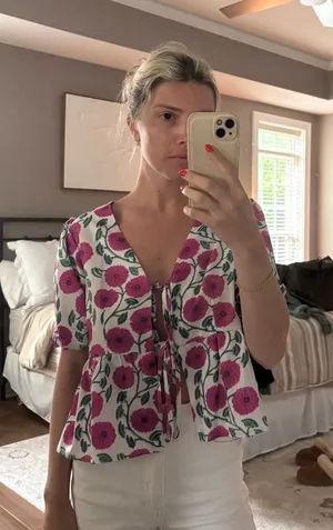 Floral Tie-Front V-Neck Blouse in Pink and White thumbnail 1