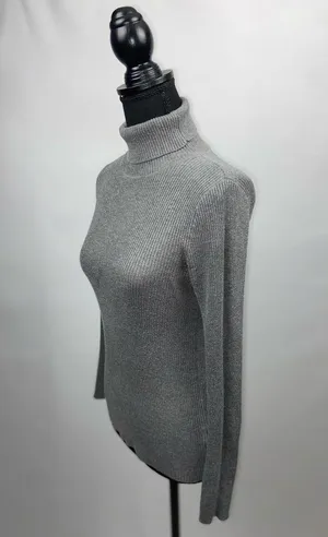 Turtleneck Sweater Grey Rib Knit Large Ambiance Apparel Stretch Top thumbnail 5