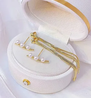 Boutique NEW‎ 2 in 1, 18k Gold Tassel Adjustable Pearl Earrings thumbnail 1