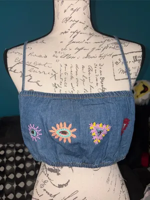 NWT Zara Embroidered Denim Crop Top, Medium thumbnail 1