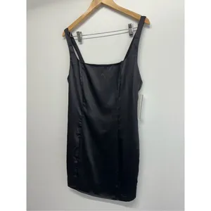 AQUA Mini‎ Satin Dress Size Large Black Square Neck Sleeves Exclusive NWT thumbnail 5