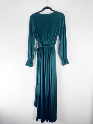 BALTIC BORN Katya Emerald Green Satin Faux Wrap V-Neck Maxi Dress Size Medium thumbnail 2