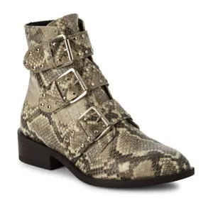 STEVEN NEW YORK Beige Snake‎ Buckle Accent Studded Hazan Almond Toe Block Heel thumbnail 1