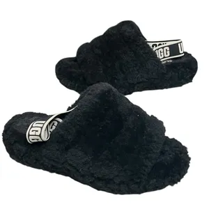 Ugg Fluff Yeah Slide Slippers Womens 8 Black Plush Sheepskin‎ Logo Soft Fur Cozy thumbnail 1