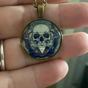 Gothic Skull Pendant Necklace‎ Antique Bronze Chain Dark Fantasy Halloween 18in thumbnail 1
