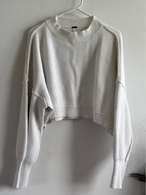 Free People Women Cream Ribbed Knit Cropped Crew Neck Sweater Large 4180 thumbnail 1