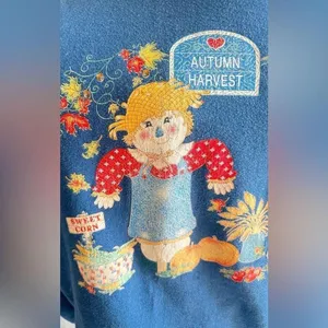 Vintage fall scarecrow sweatshirt made in‎ USA 2X fall pumpkins cat see photos thumbnail 8