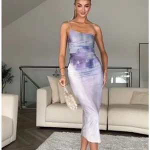 NEW Zara Purple Lilac Tie Dye One Shoulder Sleeveless Ruched Midi Slip Dress XS thumbnail 4