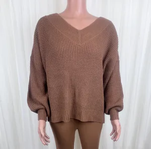 New Women's Zenana Plus Size V-Neck Off The Shoulder Waffle Knit Sweater Camel / Light Brown Sz 1X thumbnail 6