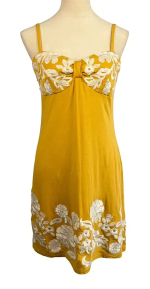 Mustard Yellow Floral Embroidered Sun‎ Dress Medium Bohemian Vacation Resortwear thumbnail 1