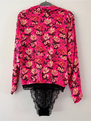 Intimately by Free People| Hot Pink Floral Low Cut Bodysuit sz S thumbnail 2