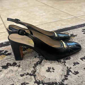 Salvatore Ferragamo EVUC Black Pantent Pumps Gold Emblem 8.5 *Read description thumbnail 2