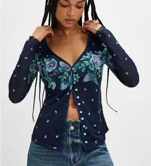 Free people Blue Floral Print Button Down Sheer/Mesh(Size Small) thumbnail 1