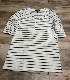Lauren Ralph Lauren White and Navy Striped V-Neck Tee thumbnail 1