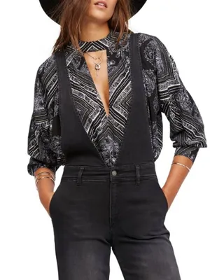 💋Free People Black Printed Choker Keyhole Blouse Medium NWT thumbnail 1