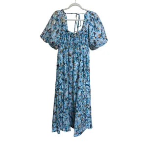 Anthropologie Floral Print Blue Midi Dress Puff‎ Sleeve Smocked Casual Size XS thumbnail 4